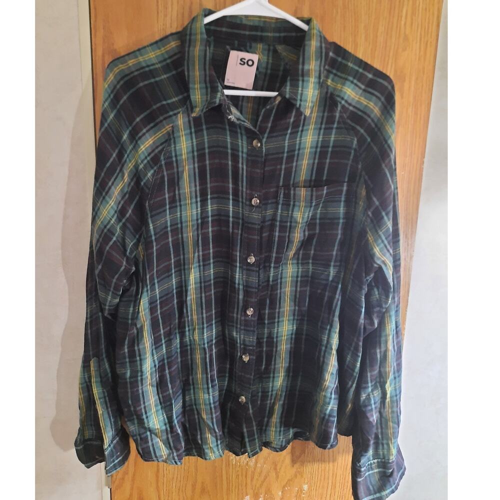 Green Navy Plaid Button Down Shirt Medium Cotton Modal Soft Grunge Layering